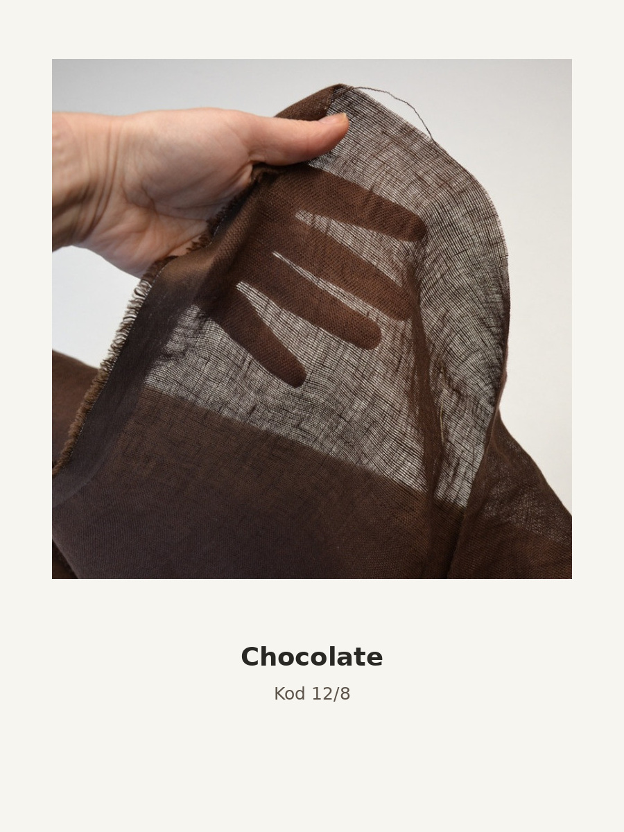 Kolor szala: Chocolate. Zdjęcie próbki lnianej mgiełki, odcień chocolate.