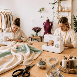 Dwie osoby szyjące przy maszynach w pracowni Atelier Szumidło