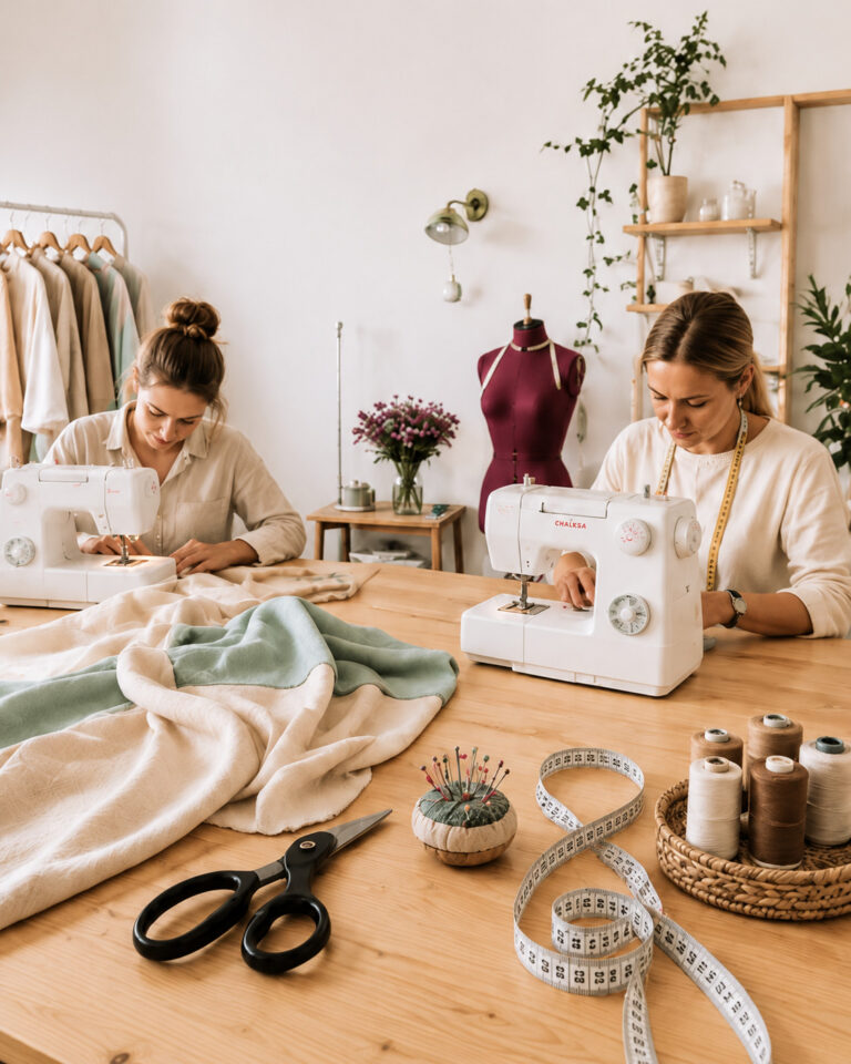 Dwie osoby szyjące przy maszynach w pracowni Atelier Szumidło