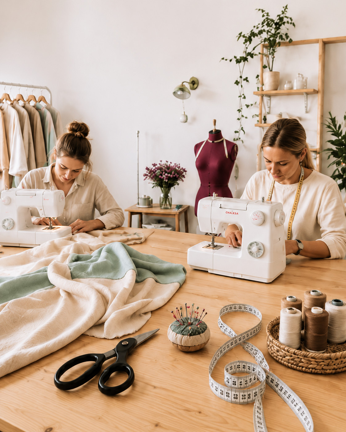 Dwie osoby szyjące przy maszynach w pracowni Atelier Szumidło