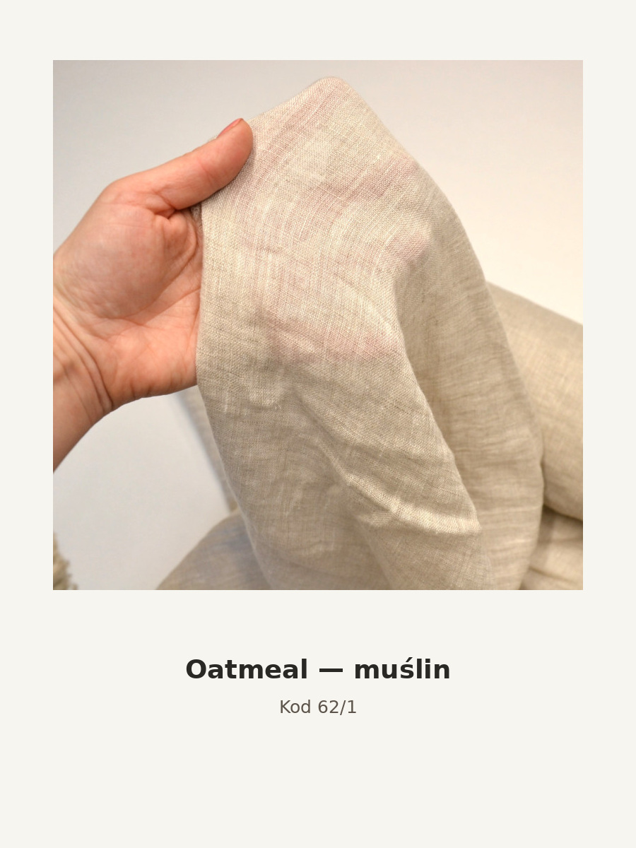 Kolor szala: Oatmeal — muślin. Zdjęcie próbki lnianej mgiełki, muślin lniany w odcieniu oatmeal.